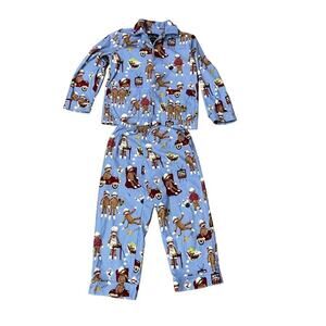 Nick & Nora Sock Monkey Flannel Pajamas PJ Set Long Sleeve Pants Blue Kids Small